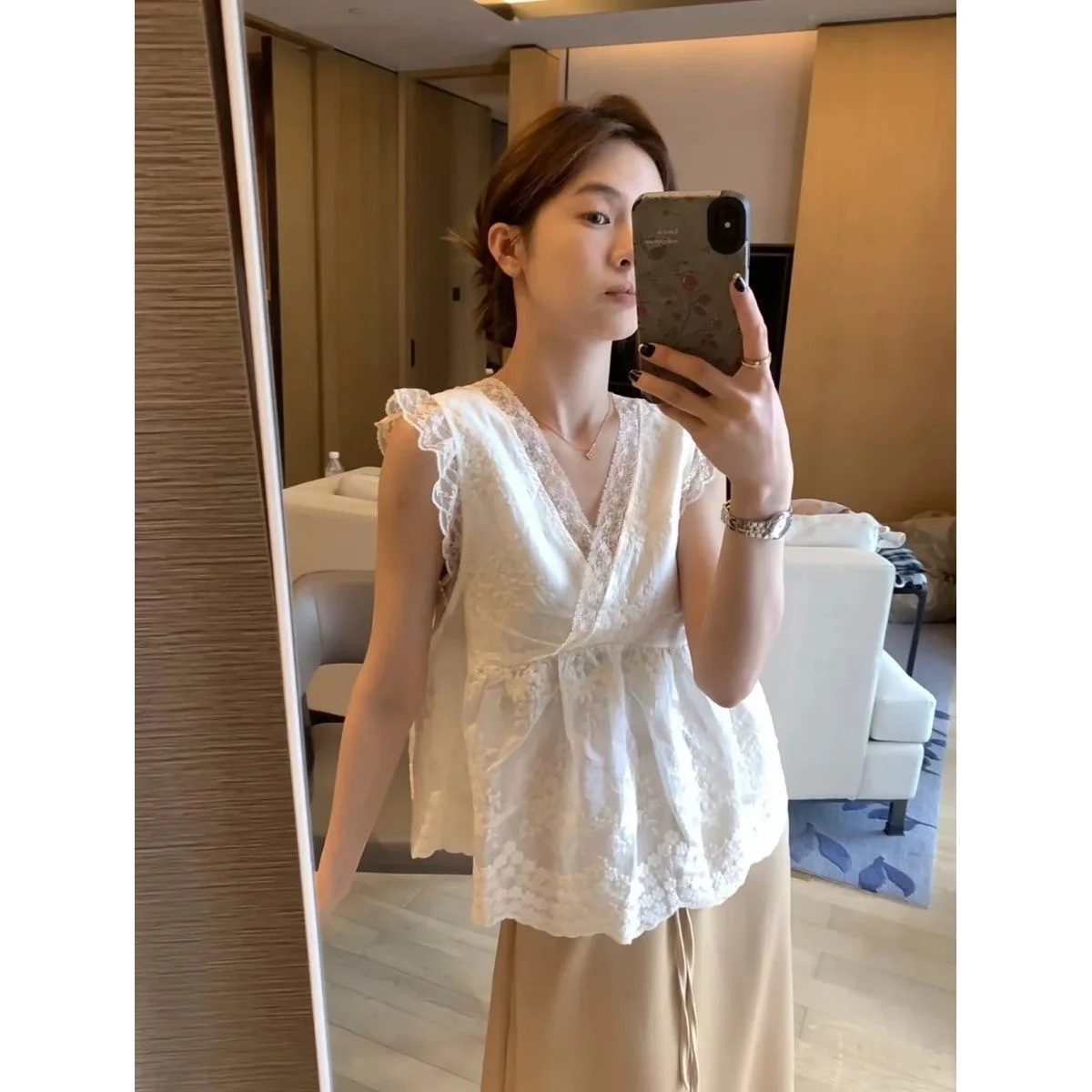 Ele Embroidered Lace Top Women's Loose Fit Cotton Polyester Blend Heavy Work Embroidery Fairy T Sle Summer Casual Wear