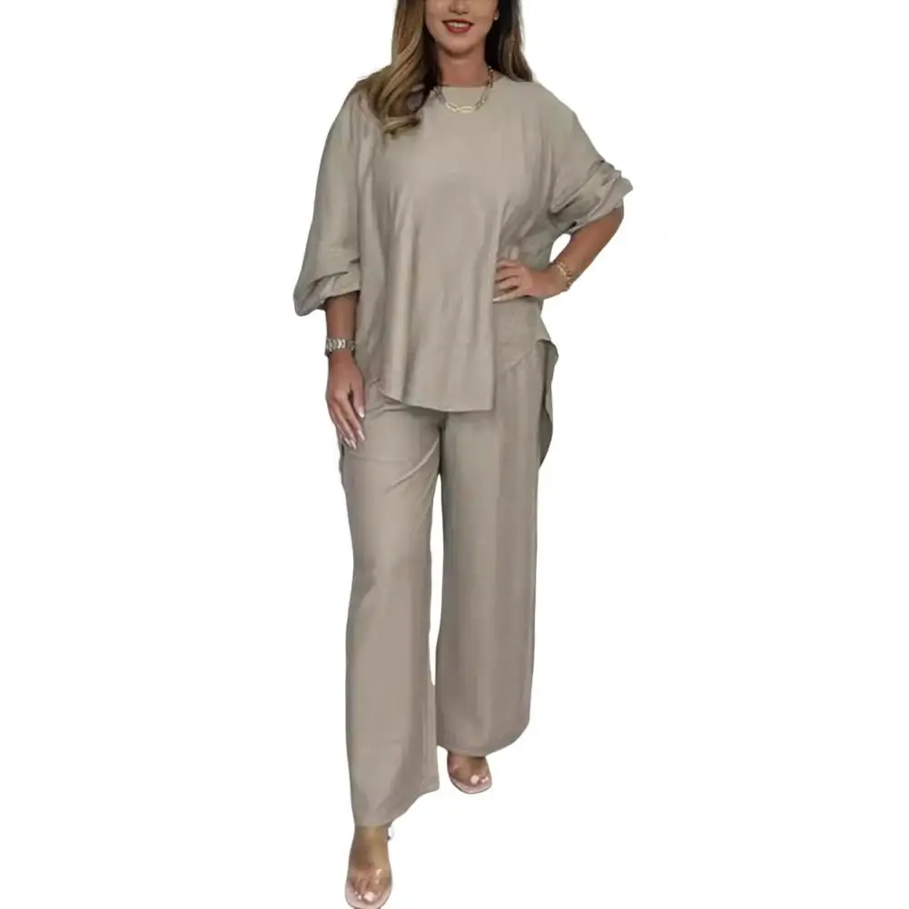 Long-sleeve Top Wide-leg Pants Set Stylish 2-piece Women's Sleepwear Set O Neck Long Sleeve Blouse with Irregular for Mothers