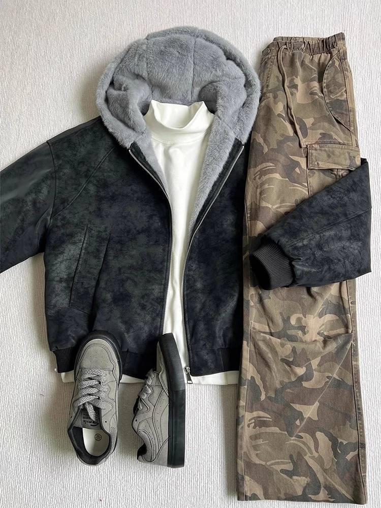 

Bla Dyed PU Leather Collar Thiened Cotton Jaet Men's Winter American Sle Rabbit Fur Simulation Hooded Coat Zipper Dec...