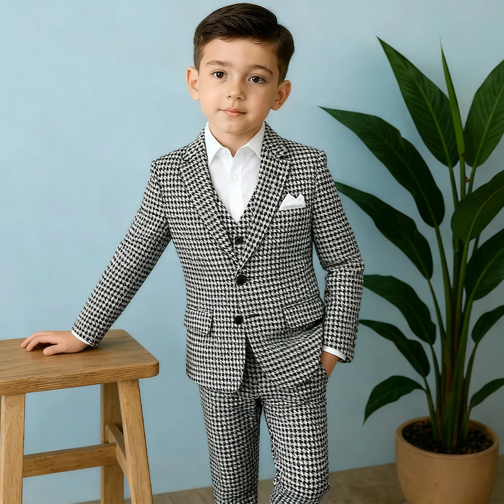 

New Arrival 3 Pieces houndstooth Plaid Boy's Suits Slim Fit Single Breasted Boy Outfit Wedding Set（Blazer+Vest+Pants）