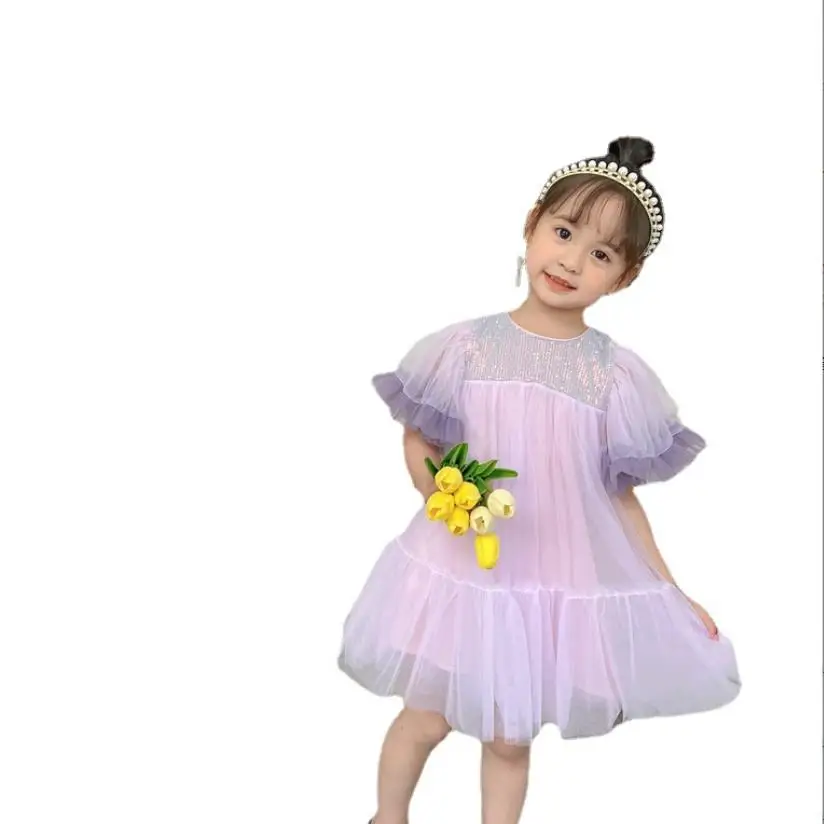 TuTu Gilr Purple Dress Summer New Short Sleeve Sequins Patchwork Bow Dress Children Elegant Mesh Dress Kids Party Dress Wz697