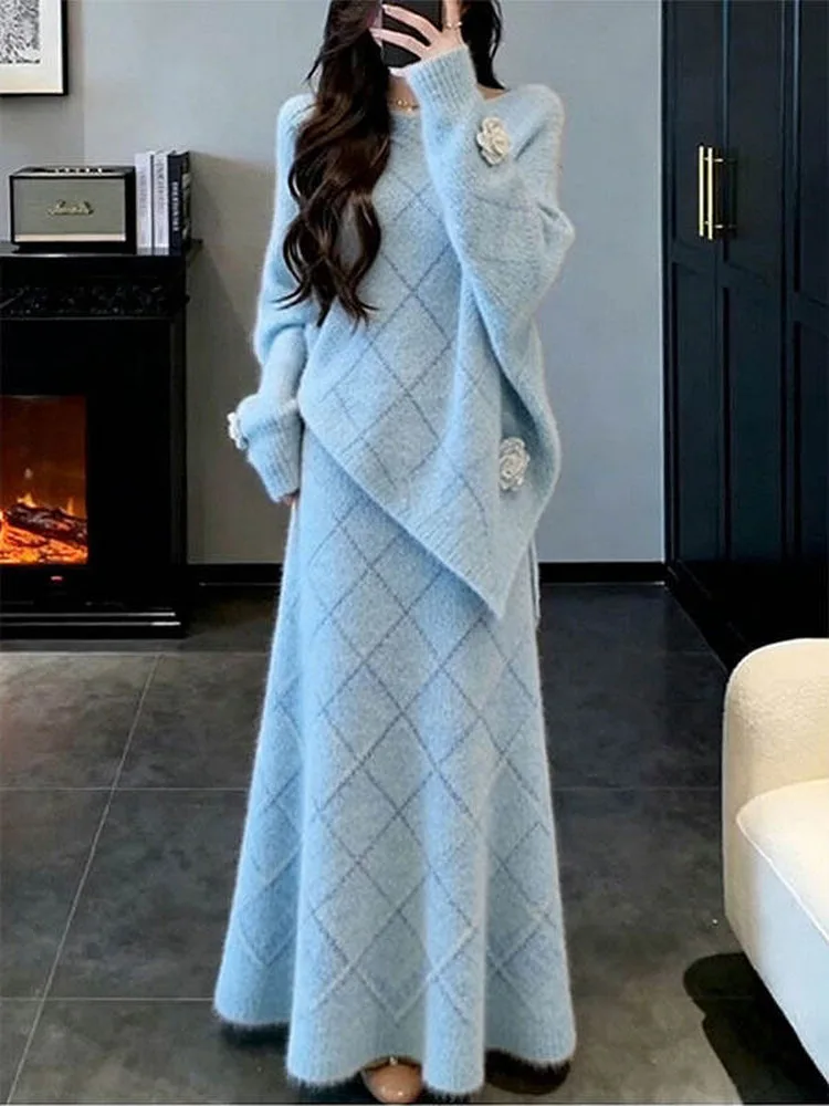 

Ele Lady Winter Faion Set Glowing Cool Sle Long Sve Knitted Sweater And Plaid Long Skirt Ensemble for Adults