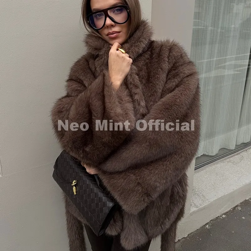 Neo Mint Winter 2026 New Stylish Mocha Brown Belted Wrap Fur Coat Women Street Fashion Girls Fluffy Faux Fox Fur Jacket Overcoat
