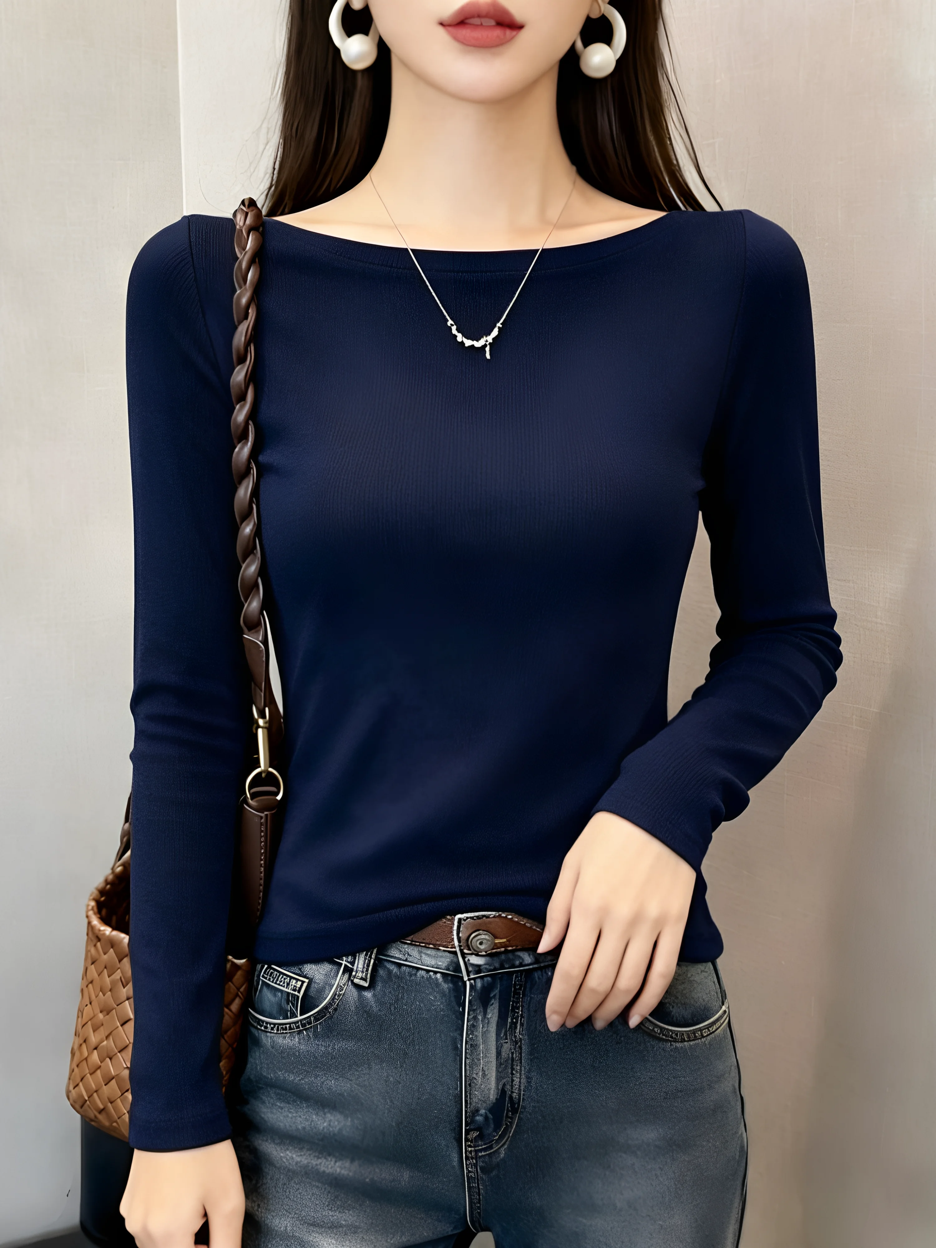 Women's Long Sleeve Base Shirt Spring Autumn New Style plus Size Slim Fit Inner Wear Versatile Outerwear T-Shirt Top