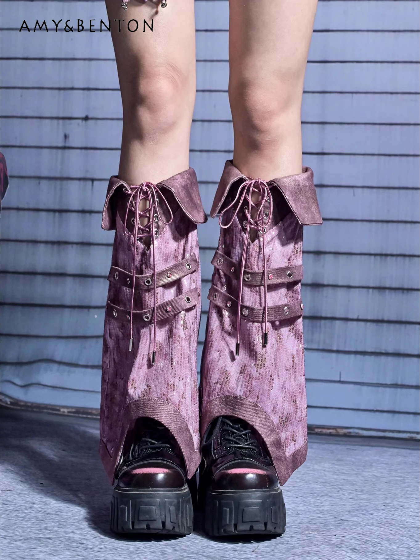 Harajuku Style Y2K Hot Girl Sequin Denim Patchwork Color Rivet Strap Punk Leg Warmers Women Subculture Gothic Thigh High Socks
