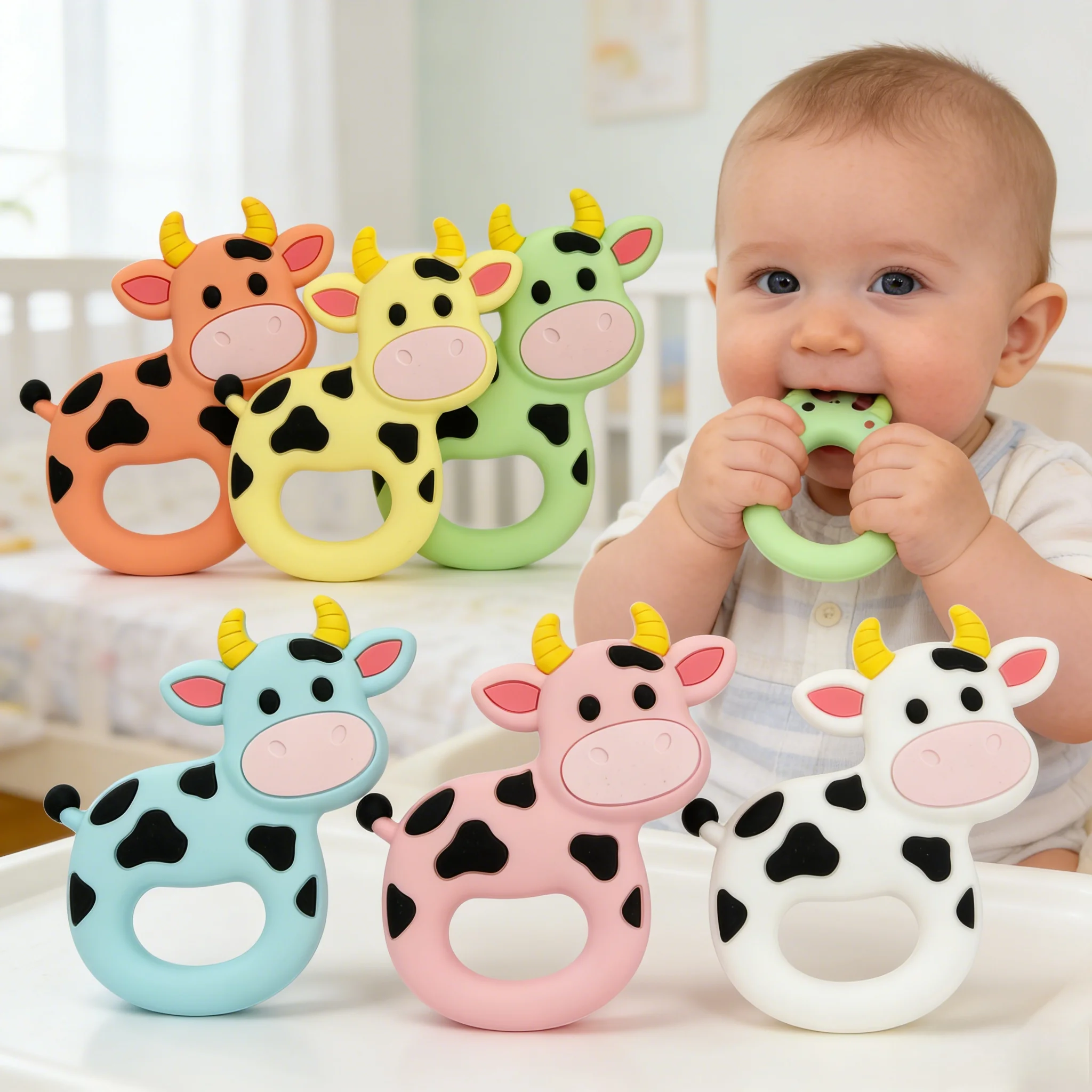 Food Grade Silicone Baby Teether Set Cartoon Cow Chew Toys with Pacifier Holder Chain BPA Free Easy to Clean Ideal Gift for Baby