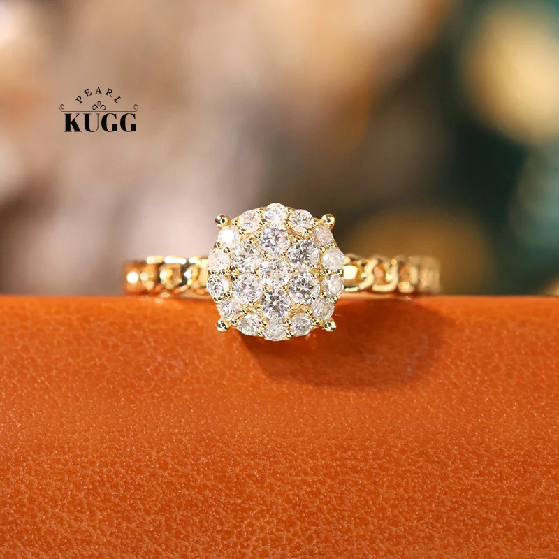 KUGG 100% 18K Yellow Gold Rings Chain Design Fashion INS Style 0.40carat Real Natural Diamond Engagement Ring for Women