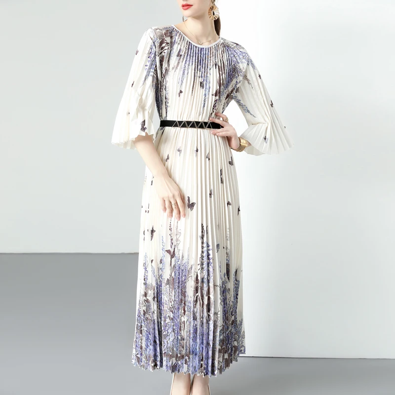 Four Seasons Miyake Folding Ladies Eternal Quiet Wisteria Round neck Commuter Pleated Sleeves Super Skirt Organ Dress Send Belt