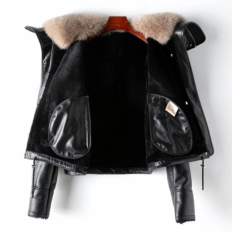 Fashion Real Fox Fur Collar Double-faced Fur Sheepskin Jackets Coats Women Raglan Sleeve Short Real Leather Motorcycle Jackets