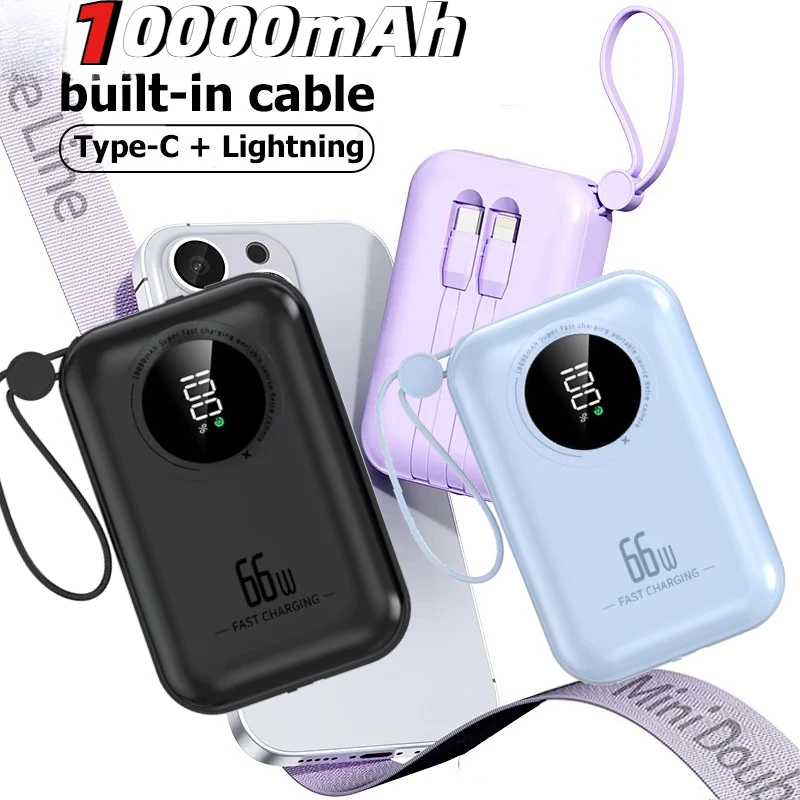

10000mAh Portable Mini Power Bank Built-in Cable USB C External Spare Battery PD Fast Charger For iPhone 15 14 Xiaomi Samsung