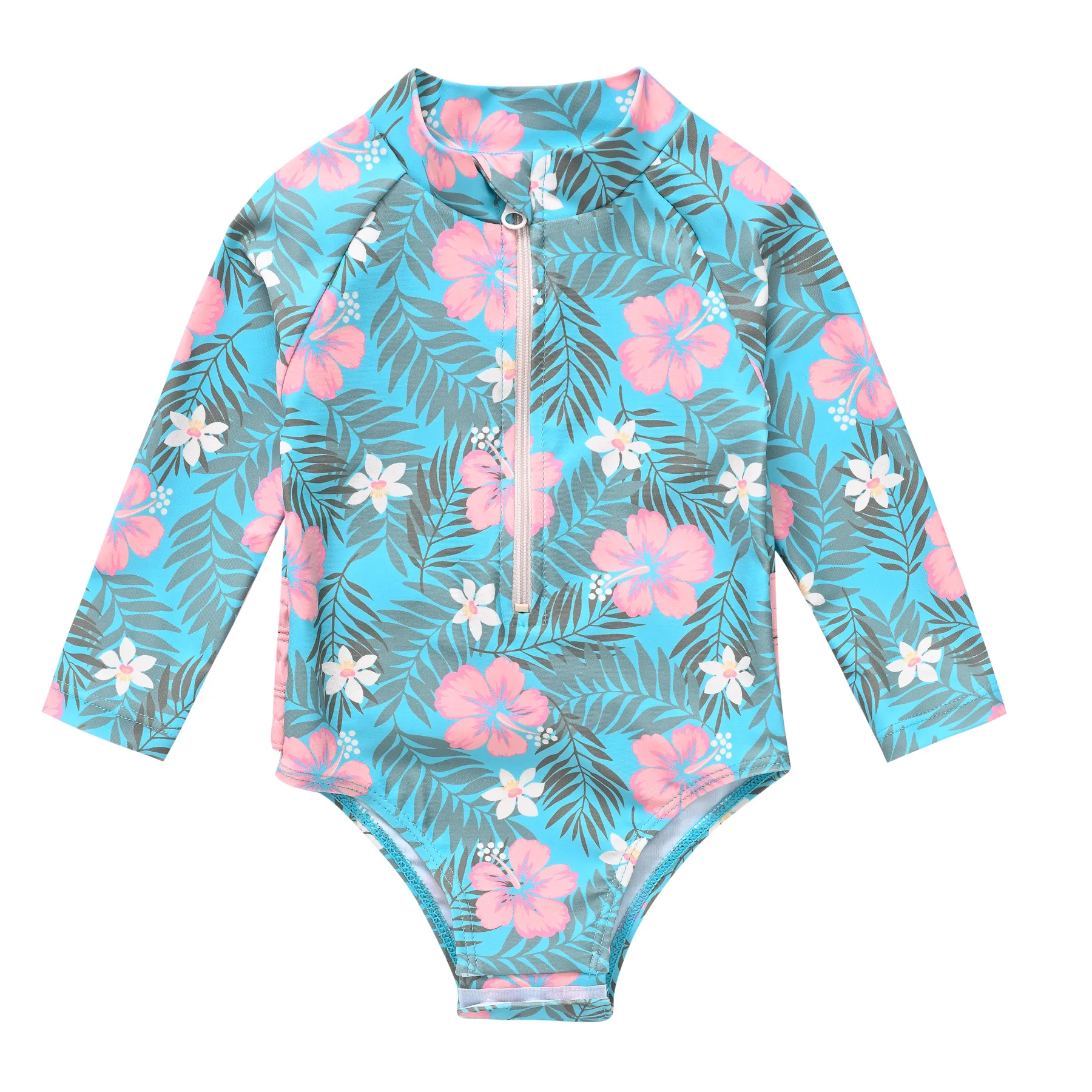 

9M-24M Baby Girl One-Piece Rash Guard Swimsuit Tropical Floral Print Long Sleeve Zipper Bathing Suit Toddler Swimwear
