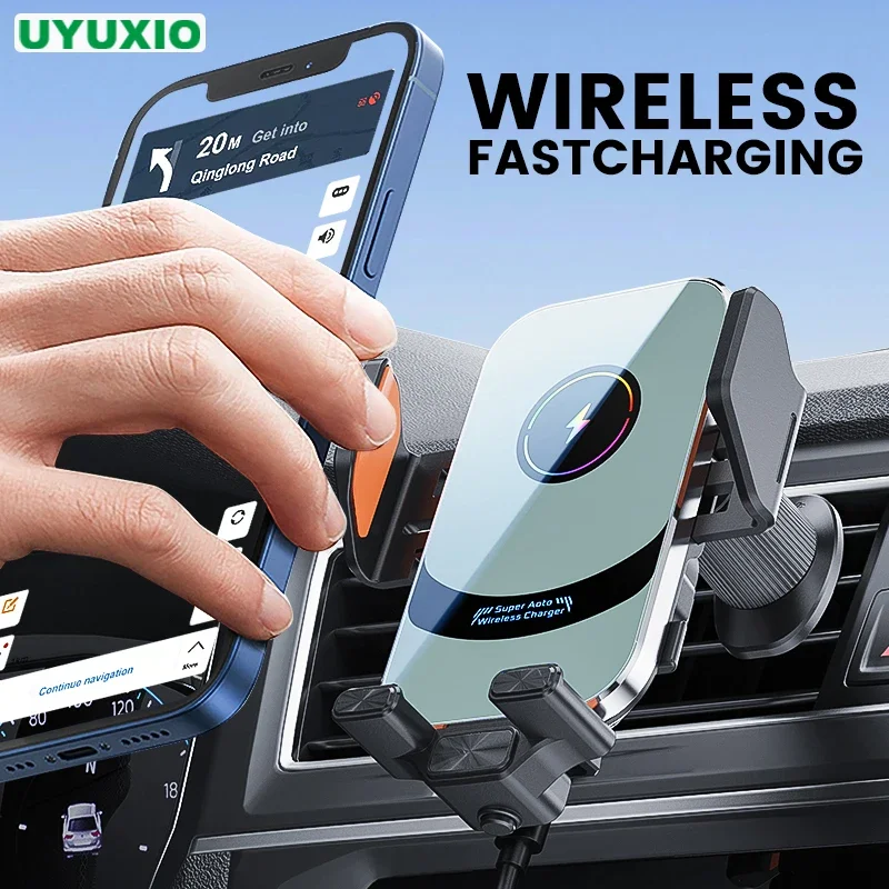 UYUXIO Auto Clamping Wireless Car Charger Adapter Super Fast Charging Air Vent Car Phone Holder for iPhone 16 15 Pro Max Samsung