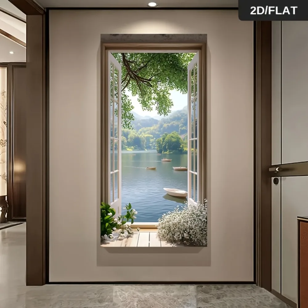 1PCS Frameless Modern Abstract Canvas Wall Art Piece - Tranquil Park Landscape Window View Poster Living Room Decoration