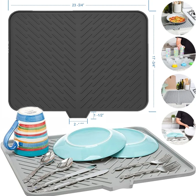 Large Silicone Dish Drying Mat Hygienic Drying Pad Easy Clean Non-slipping Heat Resistant Dish Rack Mat Prevents Water Build Up