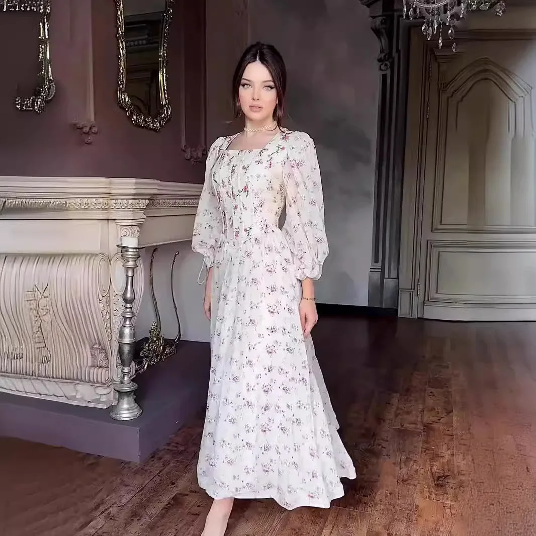 

2026 New Spring Summer Floral Print Fairycore Intellectual Style Cinched Waist Square Neck Tie-waist Long Maxi Dress
