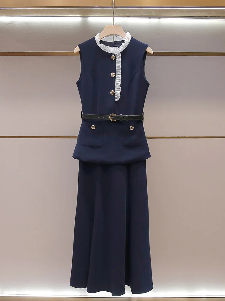 

Spring/Summer Women O-Neck Lace Sleeveless Spliced Pleated Solid Maxi Dress Belt Pocket High Waist A-line Elegant Pinafore Dress