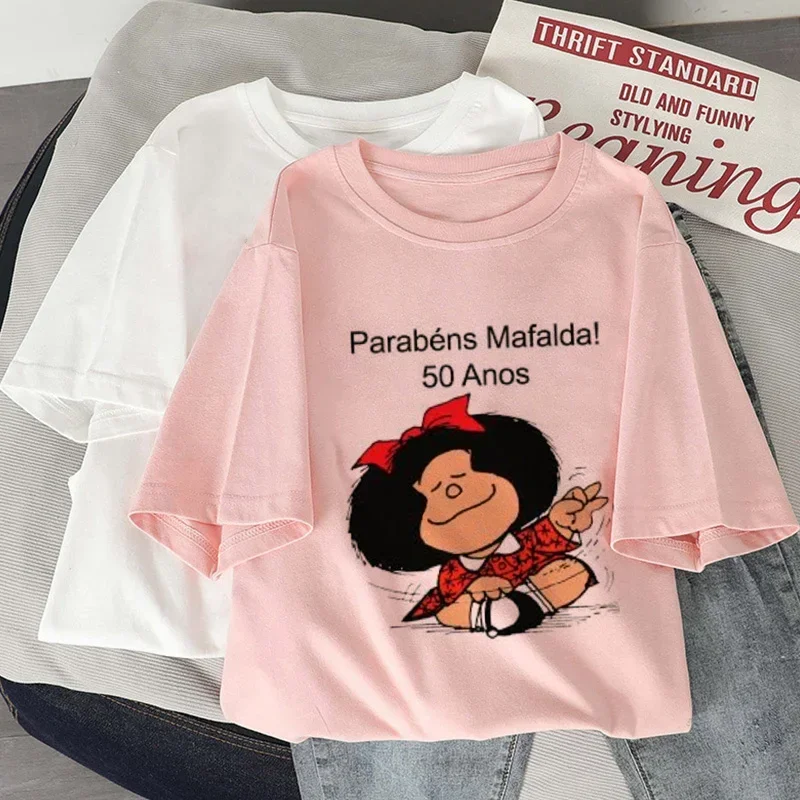 Mafalda Kawaii Graphic Print T-shirt Women Harajuku Aesthetic Pink Tops Y2k Tshirt 2024 New Summer Fashion Anime Female T Shirt