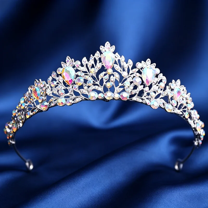 Silver AB Crystal Bridal Tiara Leaf Rhinestone Queen Crown Wedding Headpiece for Brides Prom Pageant Party Jewelry Accessories