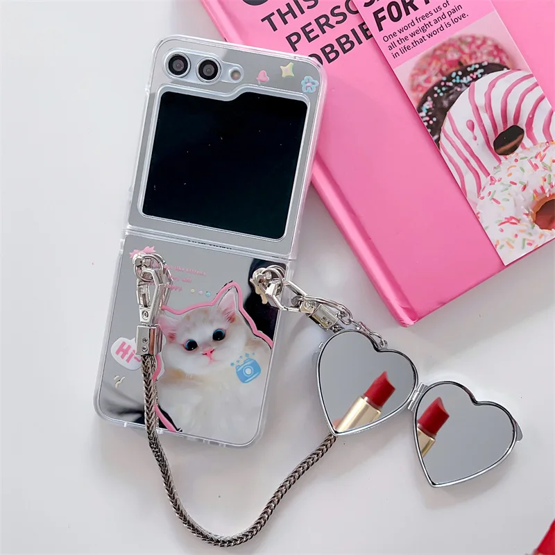 Cute Cat Mirror Surface Phone Case for Samsung Galaxy Z Flip 5 4 3 Protective Back Cover for ZFlip3 ZFlip4 ZFlip5 Case Shell