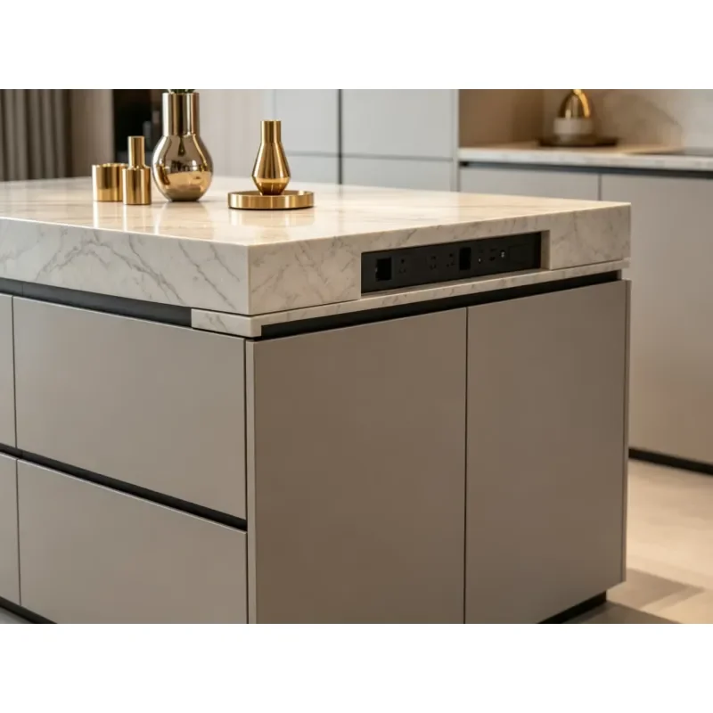 Modern Integrated Kitchen Island Dining Table Combo with Calacatta White Sintered Stone Countertop and Concealed Storage