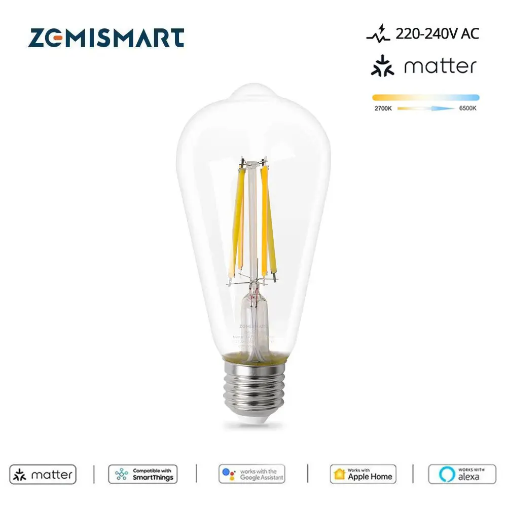 

Matter Over WiFi LED Filament Bulb E27 Tungsten Lamp SmartThings Homekit Alexa Google Home 220V Zemismart 7W ST64 Dimmable Light