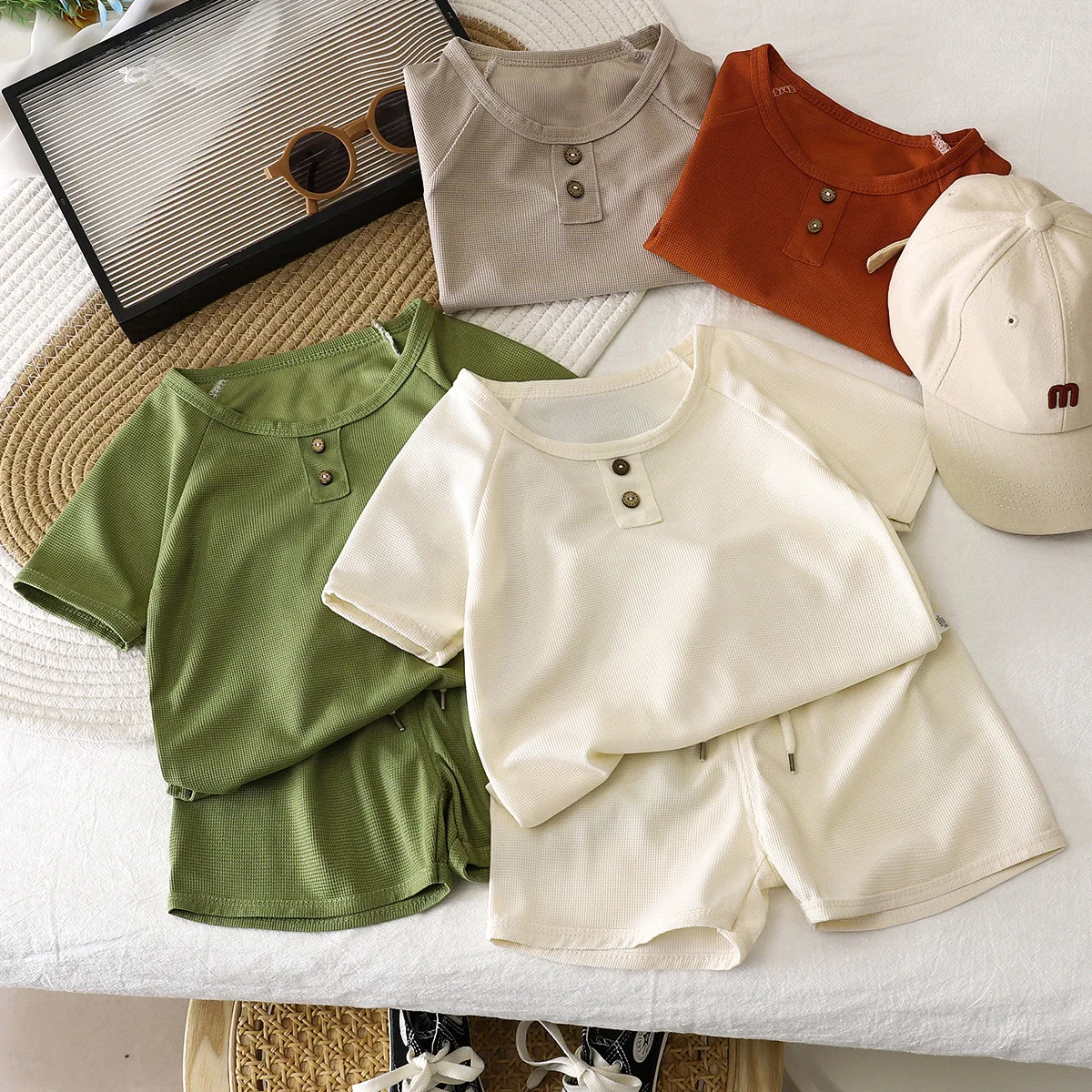 Children's Short-sleeved Set Summer New Boys Waffle Shorts Baby Casual 2025 Summer Two-piece Children's Clothing