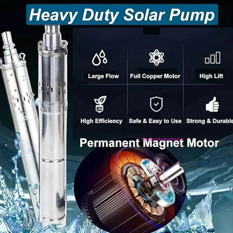 

1HP 48V Solar DC Water Pump High Head Lift 100M 750W Solar PV Stainless Steel Drilling Submersible pump Max Flow 2000L Per Hour
