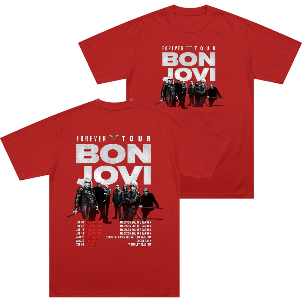 تي شيرت Bon Jovi Forever Tour تي شيرت رجالي مستدير تي شيرت نسائي قطني بأكمام قصيرة تي شيرت هدية فكرة ملابس خروج فضفاضة على الموضة