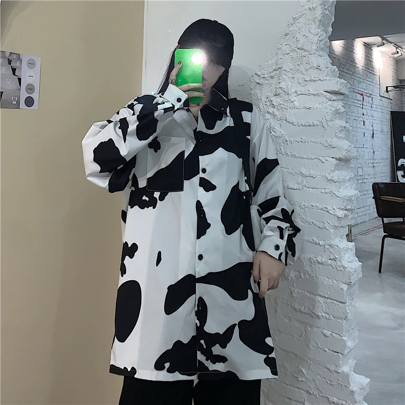 Cow Print Women Blouses 2023 Korean Style Fashion Spring Summer Button Up Shirts Loose Long Sleeve Women Leisure Tops Harajuku