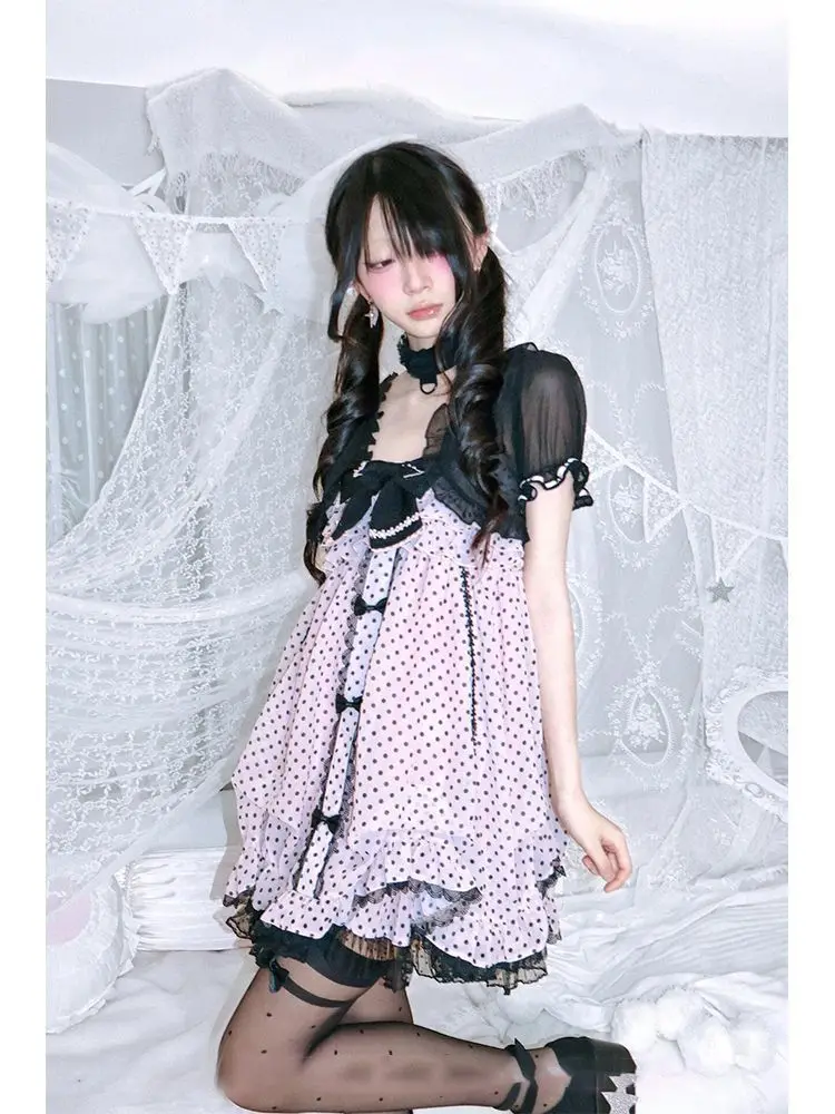 Japnese Kawaii Lolita Strap Mini Dress Pink Dot Print Velvet Bow Tiered Ruffle Black Lace Hem Daily Streetwear Outfit Women 2026 view 5
