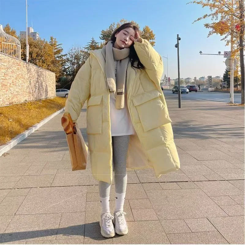 Winter 2024 New Fashion Thickened Loose Cotton-padded Coat Women's Winter Clothes Warm Over The Knee Long Coat Hooded Padded Top