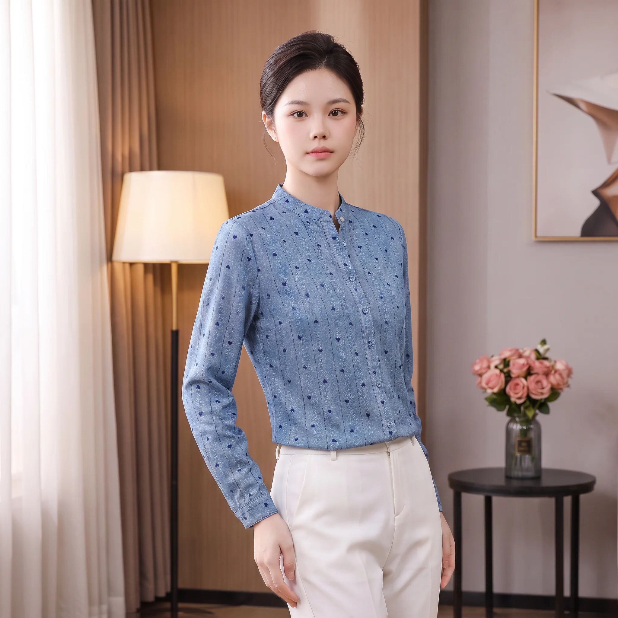 Elegant Long Sleeve Printed Shirt Commute Style Luxury Feel Women's Polyester Fiber Shirt Stand Collar Button Closure