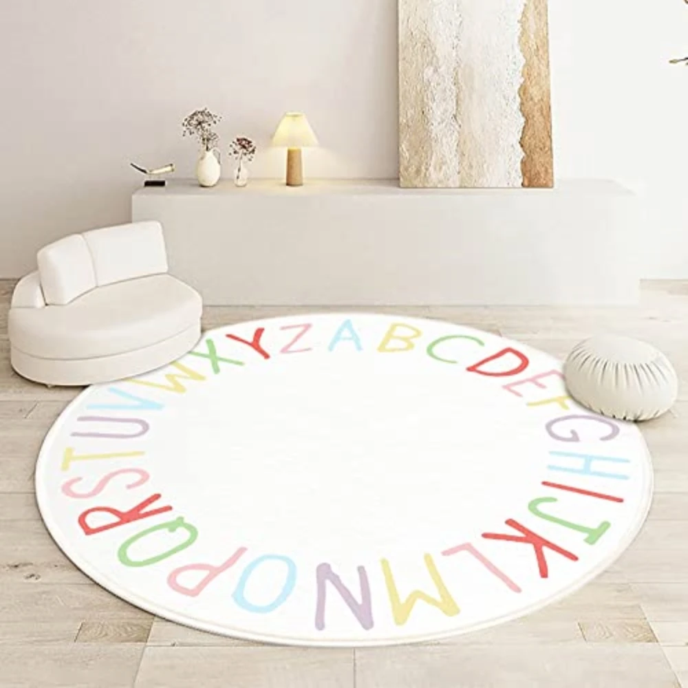 Round Kids Rug for Boy Girl Circle Alphabet Washable Rug Non-Slip Play Mat Learning Carpet for Children Room