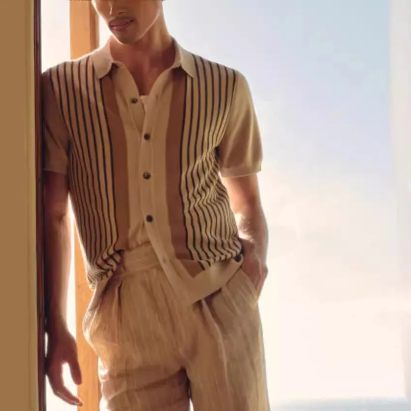 Men's Knitted Striped Short Sleeve Shirt Thickened Autumn  Neck Jacket Special Wide Fit Nine Points Sleeve Bk0050