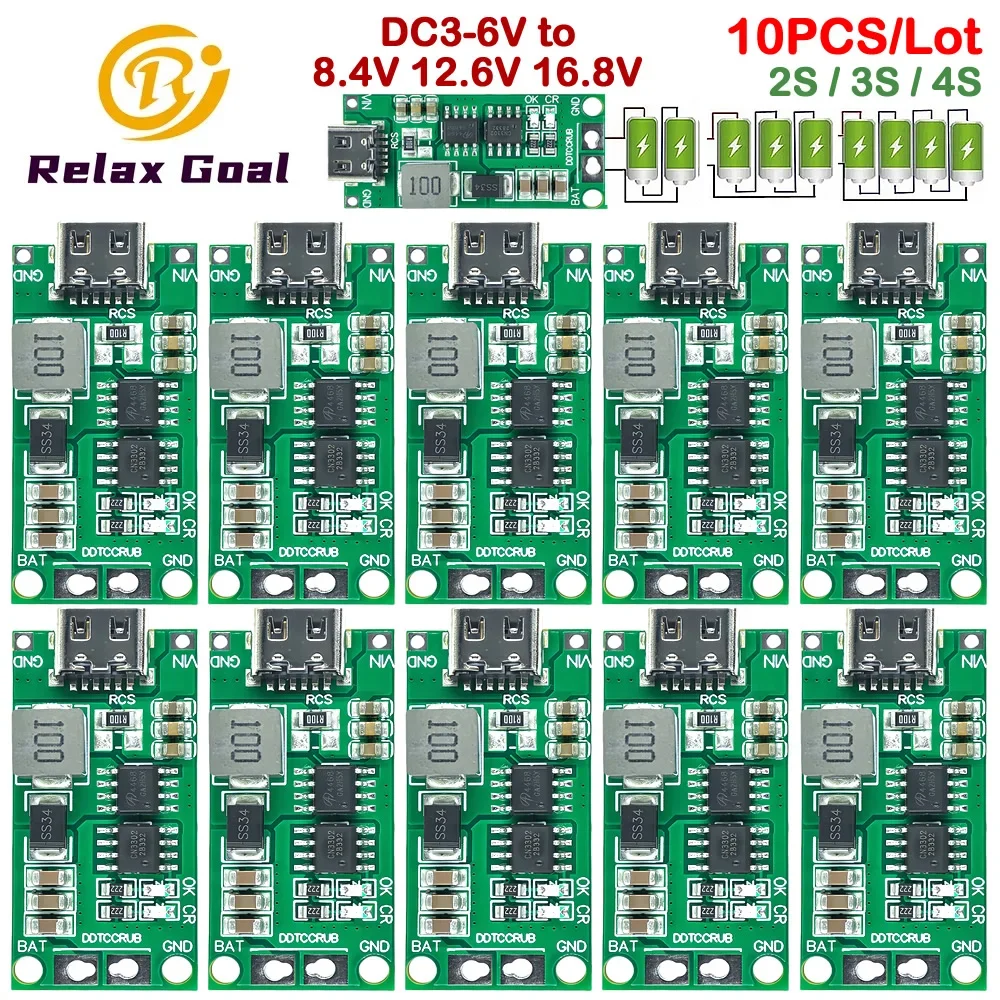 10PCS Multi-Cell 2S 3S 4S Type-C to 8.4V 12.6V 16.8V 18650 Lithium Battery Boost Step-Up Polymer Li-Ion Charger 7.4V 11.1V 14.8V