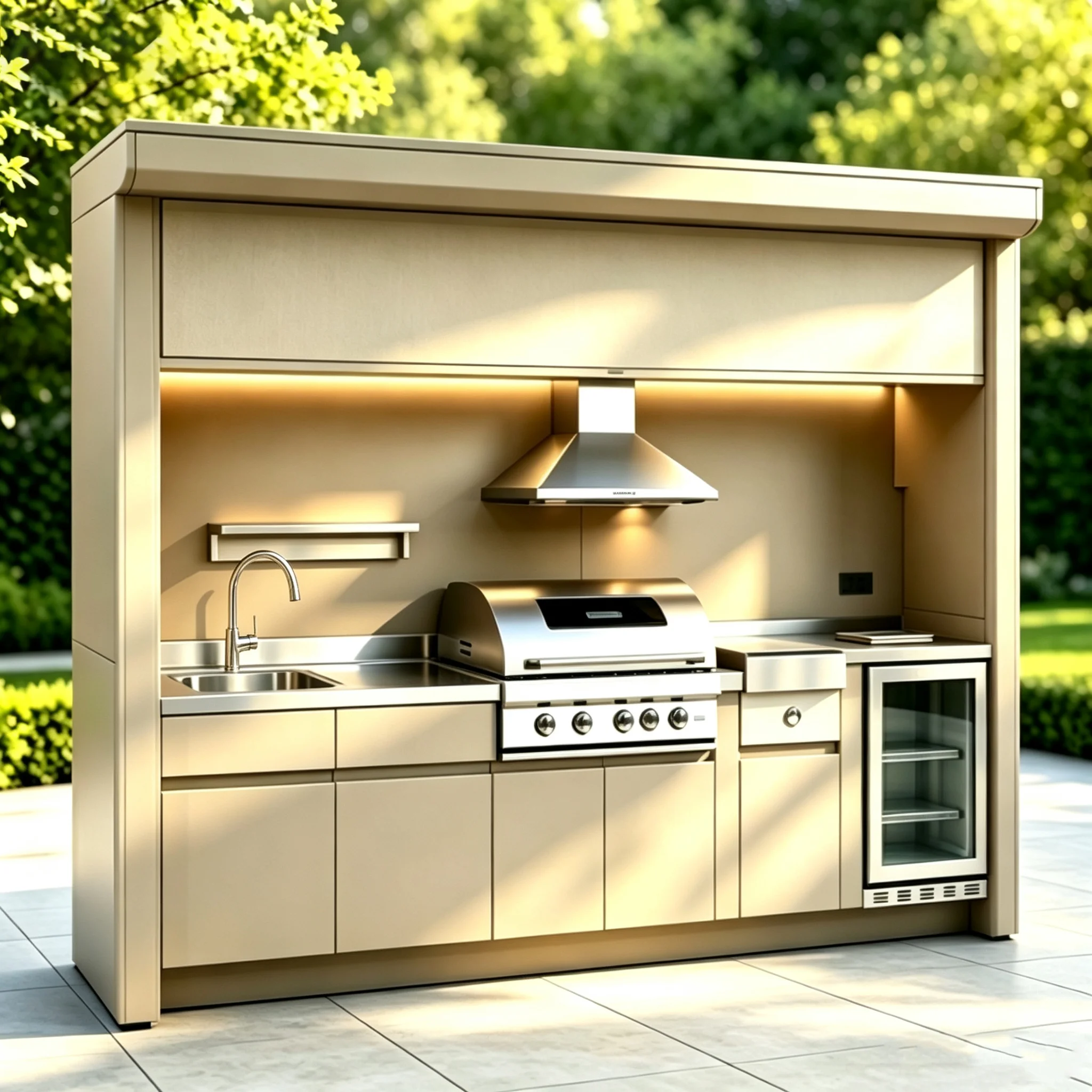 Weather Resistant Complete Outdoor Kitchen, Fully Equipped Outdoor BBQ Kitchen with Stainless Steel Grill, Sink and Refrigerator