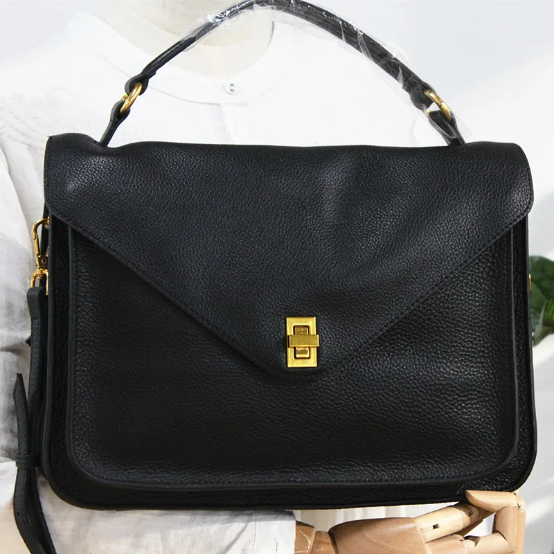 Women Messenger Genuine Leather Handbags Designer High Quality Shoulder Style Large Capacity Black Satchel