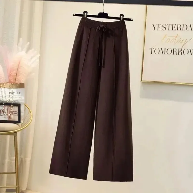 Knitted Pants Women Spring and Autumn High Waist Elastic Drape Drawstring Loose Casual Mopping Pants Straight Wide Leg Pants