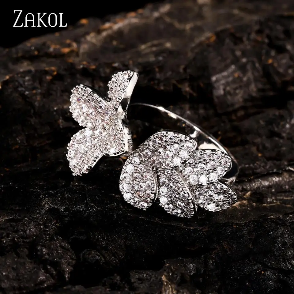 ZAKOL Petal Leaves Personalized Fashion Micro-set Zircon Ring For Women Opening Adjustable Exquisite Trendy Jewelry Accessories