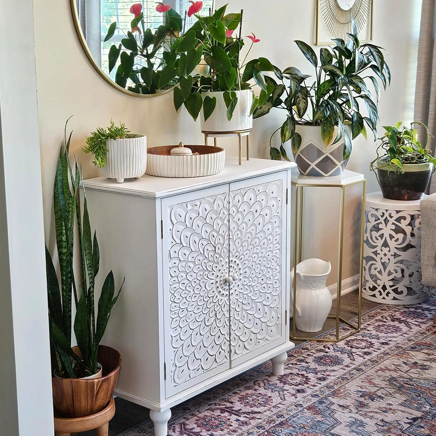 White Accent Cabinet with 2 Doors, Peacock Feather Pattern Farmhouse Decorative Storage Cabinet with Solid Wood Legs