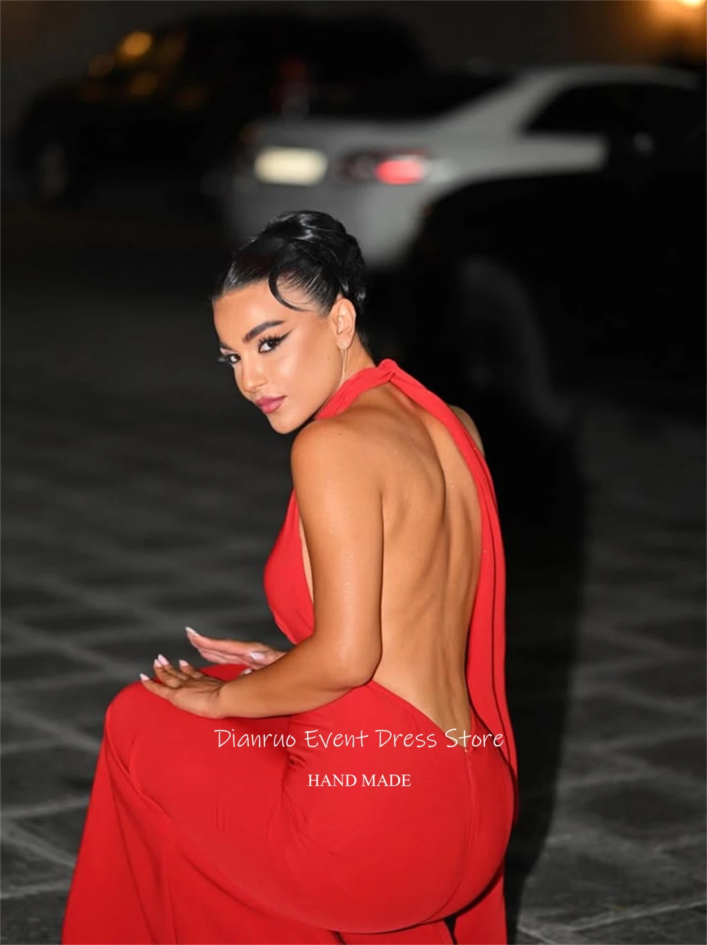 Dianruo فساتين سهرة مثيرة بدون ظهر باللون الأحمر عميق على شكل حرف V من الشيفون رداء حفلات رسن العنق حورية البحر للنساء حسب الطلب #5