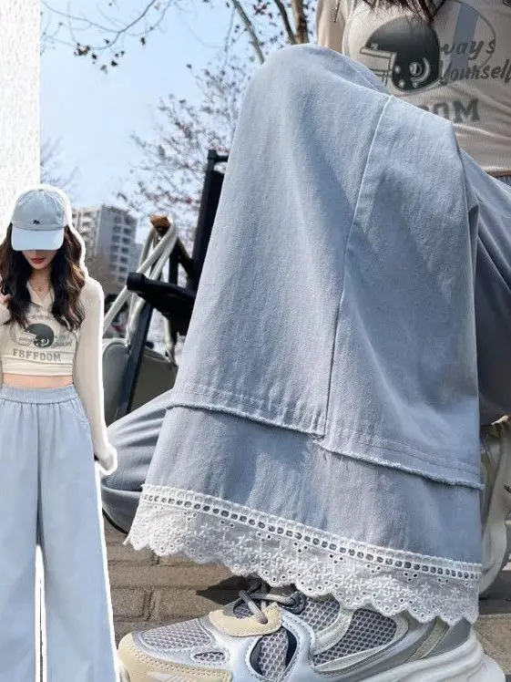 

Женские брюки больших размеров с кружевной отделкой, широкие, прямого кроя, на высокой талии, повседневные, свободного кроя, весна-лето-осень, не требуют глажки