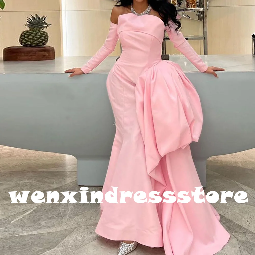 Saudi Evening Dresses Elegant Pink 3/4 Sleeves Off the Shoulder Straight Ankle Length Pleats Panel Train Bespoke Occasion Gowns