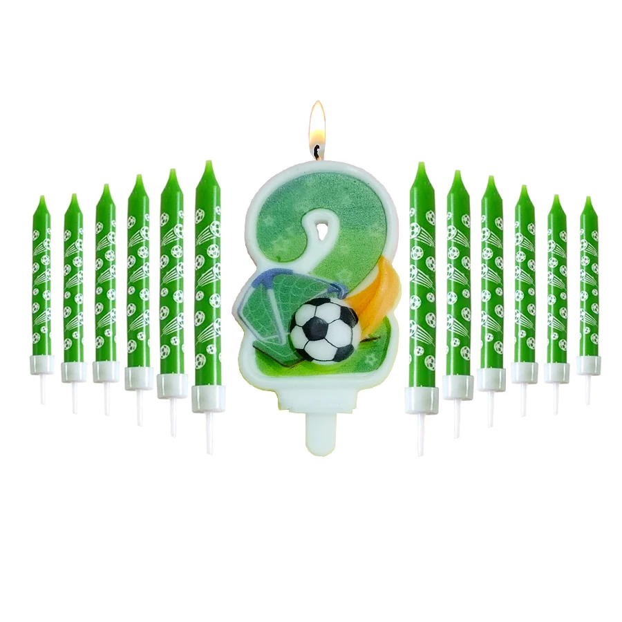أرقام كرة قدم مع شمعة خضراء قصيرة ، حفلة عيد ميلاد سعيد ، شمعة حدث للصبي ، رقم 0-9