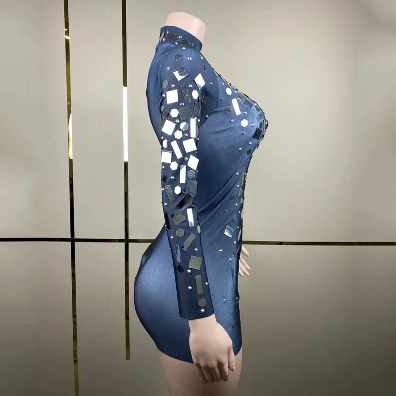 Shiny Mirrors Rhinestones Dress Women Celebrate Evening Dresses Performance Festival Outfit Stage Singer Sequins Dress XS7514