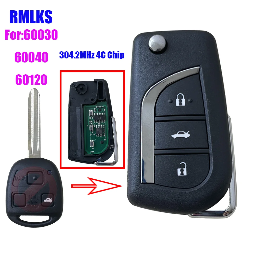 

3 Button Replacement Remote Car Key Fob 304MHz 4C Chip for Toyota Tarago Avensis RAV4 Corolla Landcruiser 100 P/N: 60030/60040