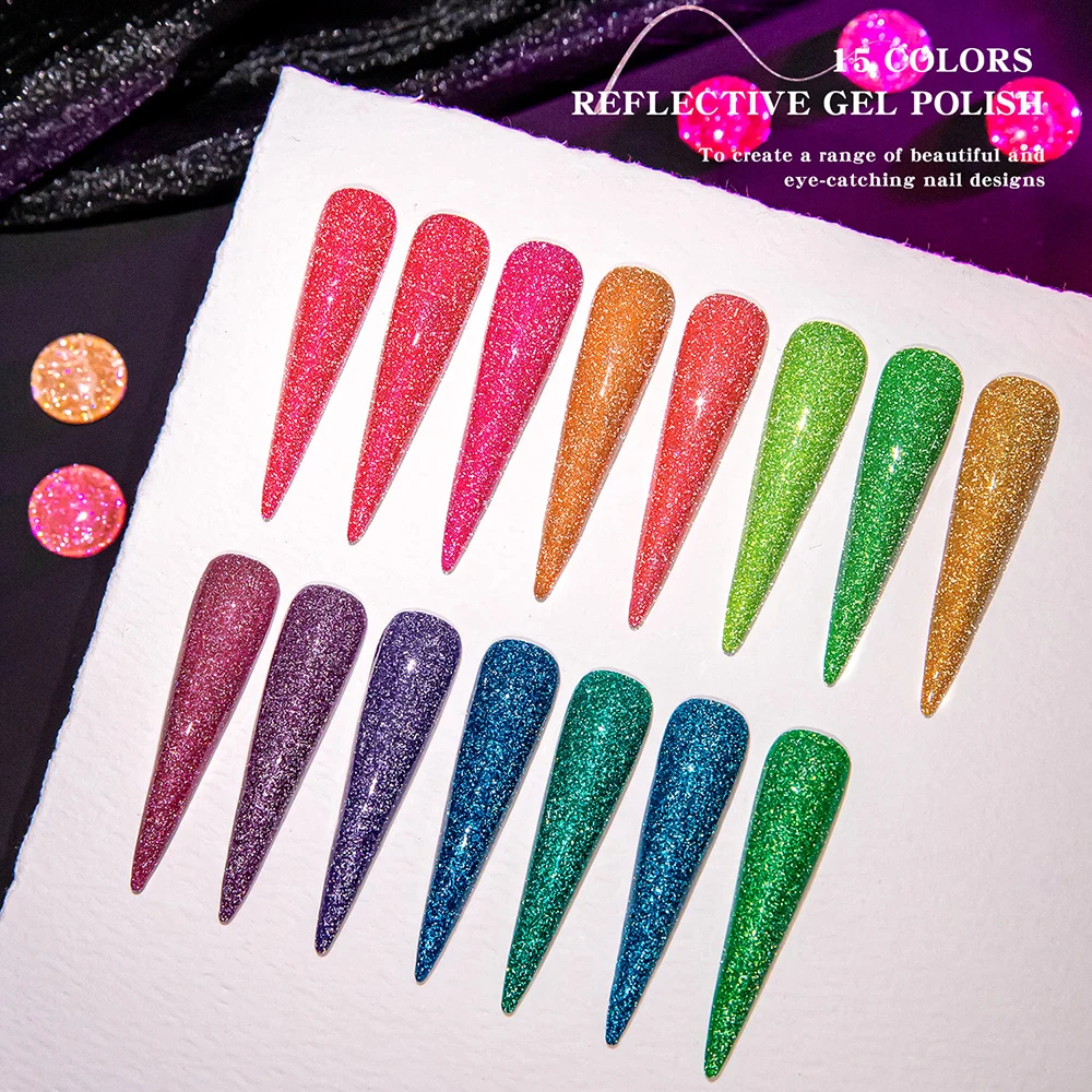 Vendeeni 15 Colors/set Laser Fluorescent Broken Diamond Gel Nail Polish UV LED Glitter Sequins Nail Gel Varnish With Color Card