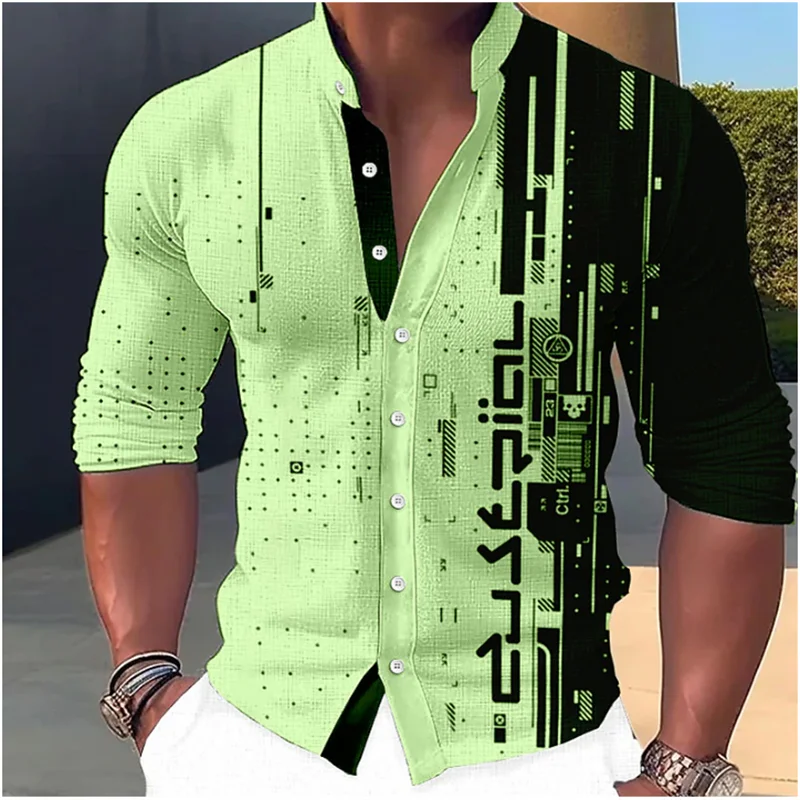 Chemise à manches longues pour hommes, motif imprimé géométrique, col montant, streetwear extérieur, vêtements de rue blancs, créateur de mode, 2023