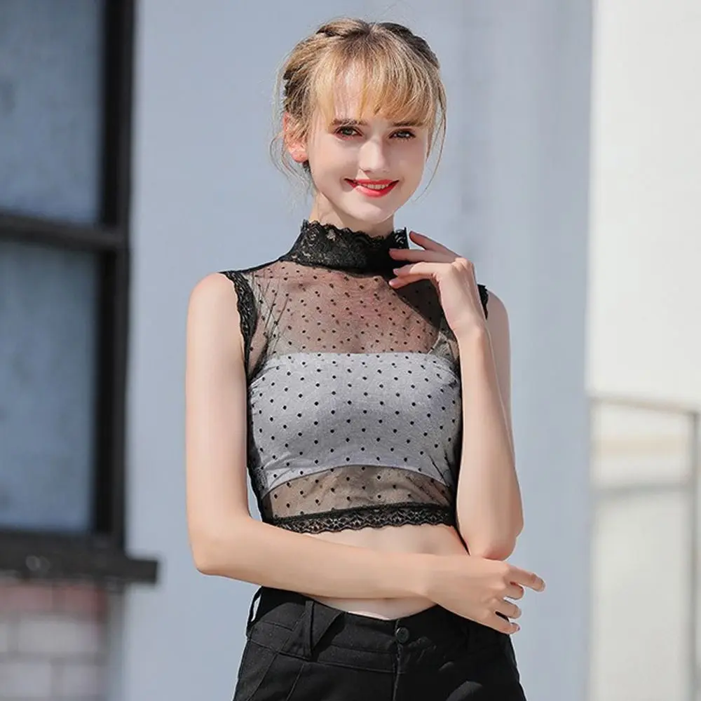 Fashion Mesh Lace Vest Tender Sexy Solid Hotsweet Crop Tops Elastic Casual False Collar Women