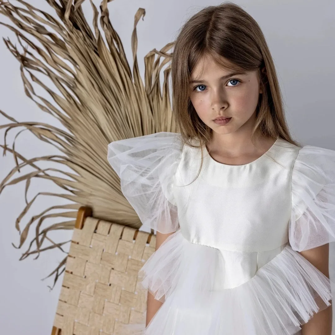Custom Flower Girl Dress, Multi-Layer Short Sleeve, Ivory Satin Tulle Skirt, Suitable for Weddings, Birthday Parties, Proms, and